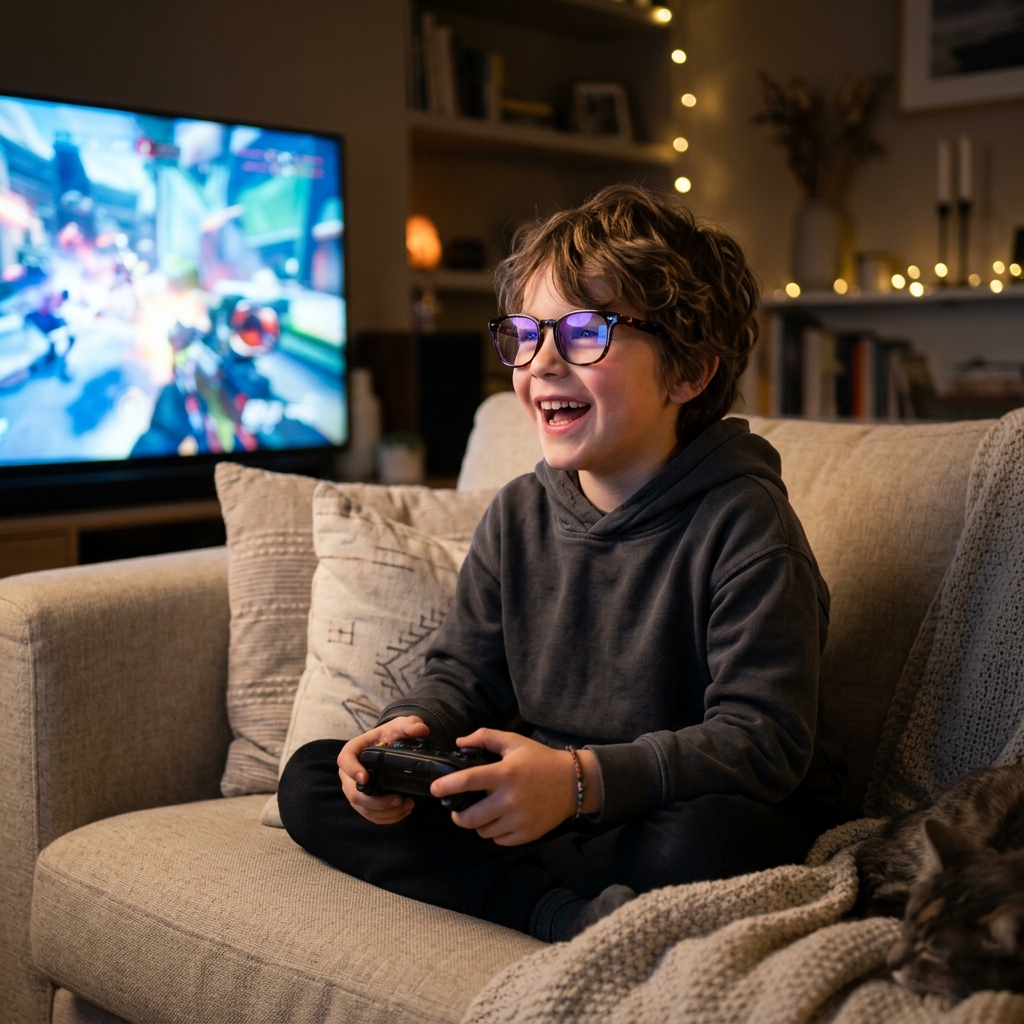 Criança jogando videogame com proteção contra luz azul